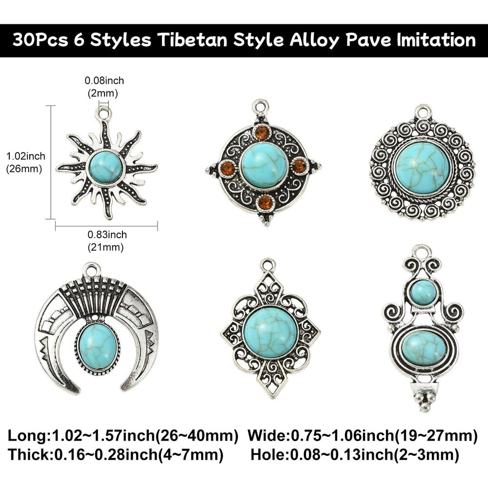 9981 30 pcs 6 Styles Antique Silver Bohemian Theme Charms Sun Rhombus - Picture 2 of 6